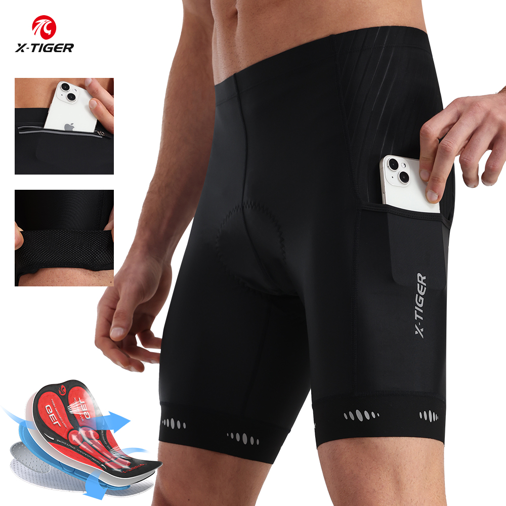 Padded Cycling Shorts 5D Gel - X-TIGER男性用サイクリングショーツバックポケット付き5dゲルパッド入りバイクショーツ男性用マウンテンロードサイクリングライディングハーフパンツタイツ