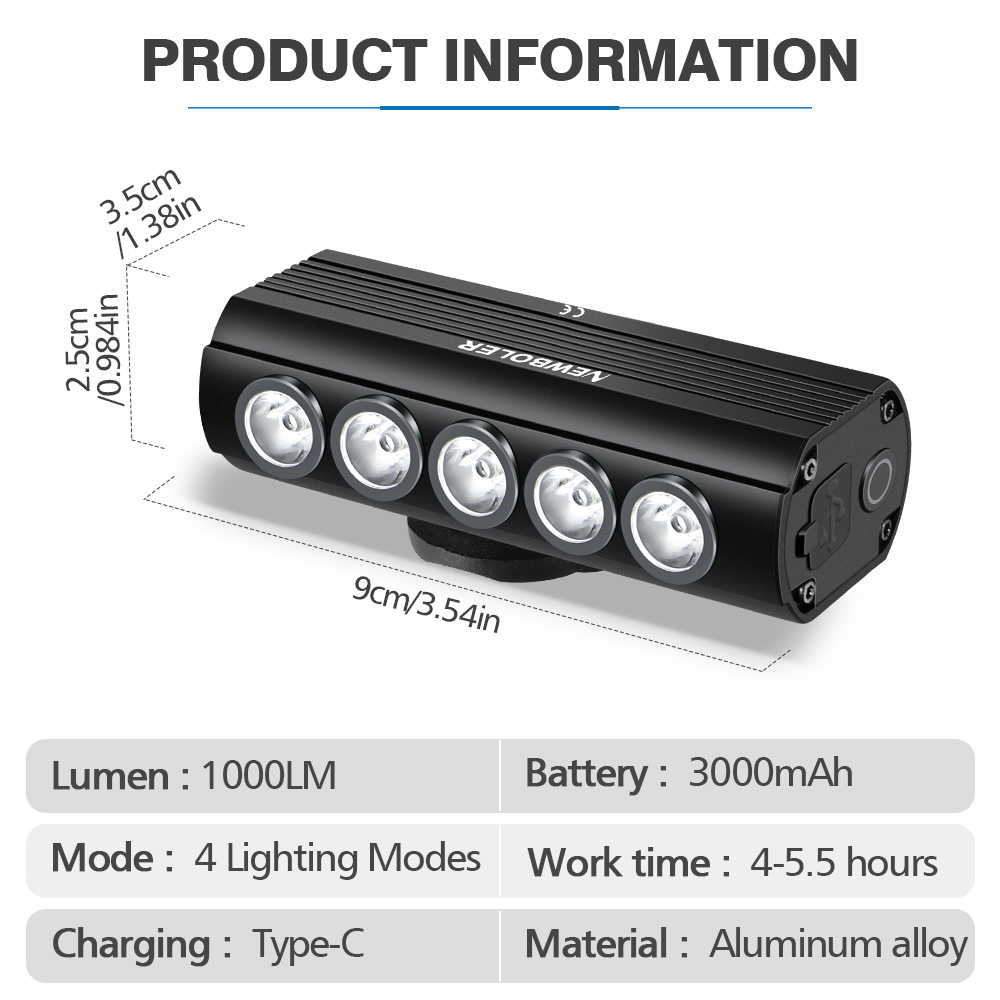 NEWBOLER 自転車ライトフロント 1000 ルーメン自 - Rechargeable Bicycle Headlight 1000 Lumen のレビューと価格